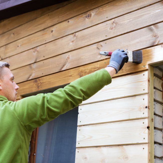 painter with paintbrush painting house wood facade